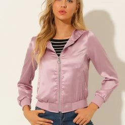 Allegra K Women's Sparkle Holographic Shimmering Metallic Zipper Front Hood Shiny Bomber Jacket