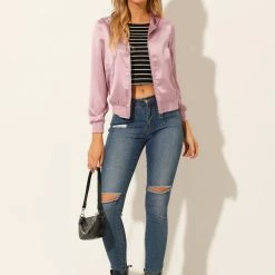 Allegra K Women's Sparkle Holographic Shimmering Metallic Zipper Front Hood Shiny Bomber Jacket