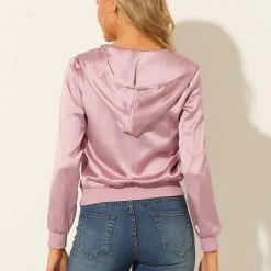 Allegra K Women's Sparkle Holographic Shimmering Metallic Zipper Front Hood Shiny Bomber Jacket