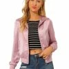 Allegra K Women's Sparkle Holographic Shimmering Metallic Zipper Front Hood Shiny Bomber Jacket