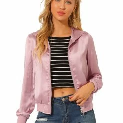 Allegra K Women's Sparkle Holographic Shimmering Metallic Zipper Front Hood Shiny Bomber Jacket