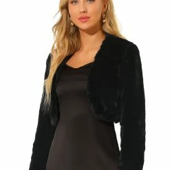 Allegra K Women's Cropped Open Front Jacket Collarless Long Sleeve Faux Fur Coat