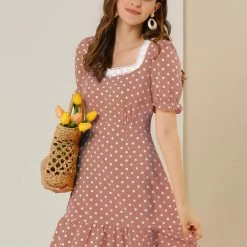 Allegra K Women's Dots Print Square Neck Ruffle Hem Short Sleeve Above Knee Casual Dress 41 Allegra K Women's Dots Print Square Neck Ruffle Hem Short Sleeve Above Knee Casual Dress