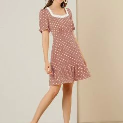 Allegra K Women's Dots Print Square Neck Ruffle Hem Short Sleeve Above Knee Casual Dress 42 Allegra K Women's Dots Print Square Neck Ruffle Hem Short Sleeve Above Knee Casual Dress