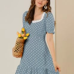 Allegra K Women's Dots Print Square Neck Ruffle Hem Short Sleeve Above Knee Casual Dress 35 Allegra K Women's Dots Print Square Neck Ruffle Hem Short Sleeve Above Knee Casual Dress