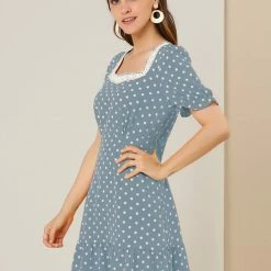 Allegra K Women's Dots Print Square Neck Ruffle Hem Short Sleeve Above Knee Casual Dress 37 Allegra K Women's Dots Print Square Neck Ruffle Hem Short Sleeve Above Knee Casual Dress