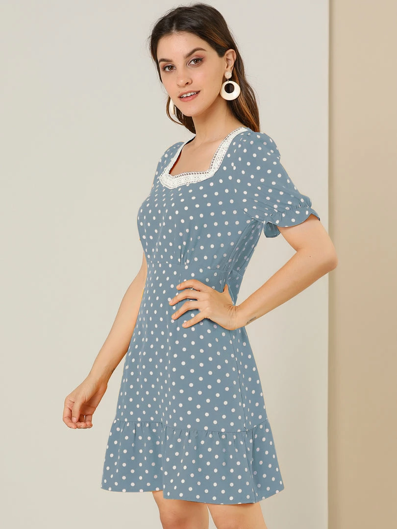 Allegra K Women's Dots Print Square Neck Ruffle Hem Short Sleeve Above Knee Casual Dress 13 Allegra K Women's Dots Print Square Neck Ruffle Hem Short Sleeve Above Knee Casual Dress