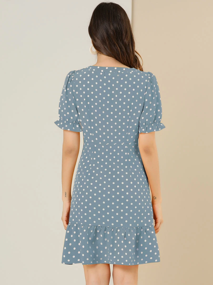 Allegra K Women's Dots Print Square Neck Ruffle Hem Short Sleeve Above Knee Casual Dress 14 Allegra K Women's Dots Print Square Neck Ruffle Hem Short Sleeve Above Knee Casual Dress