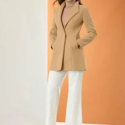 Allegra K Women's Turn Down Collar Buttoned Business Casual Mid-Long Winter Coat