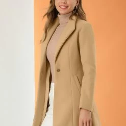 Allegra K Women's Turn Down Collar Buttoned Business Casual Mid-Long Winter Coat