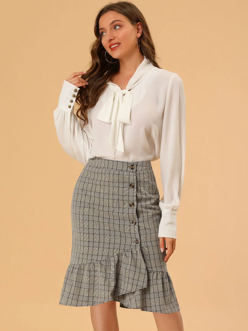 Allegra K Women's Wrap Skirts Plaid Button Closure Mermaid Ruffle Fishtail Skirt 6 Allegra K Women's Wrap Skirts Plaid Button Closure Mermaid Ruffle Fishtail Skirt