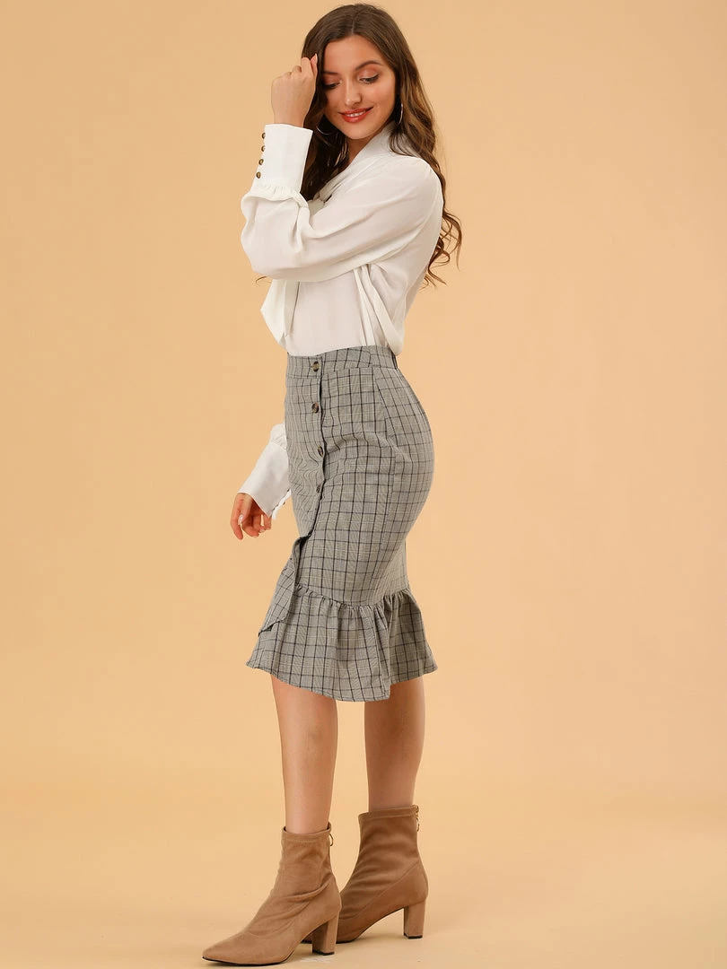 Allegra K Women's Wrap Skirts Plaid Button Closure Mermaid Ruffle Fishtail Skirt 7 Allegra K Women's Wrap Skirts Plaid Button Closure Mermaid Ruffle Fishtail Skirt