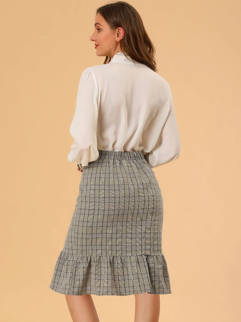 Allegra K Women's Wrap Skirts Plaid Button Closure Mermaid Ruffle Fishtail Skirt 8 Allegra K Women's Wrap Skirts Plaid Button Closure Mermaid Ruffle Fishtail Skirt