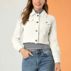 Allegra K Women's Casual Cropped Button Down Long Sleeve Short Corduroy Jacket