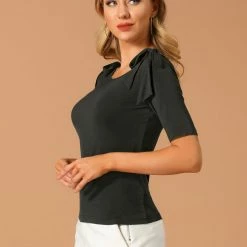 Allegra K Women's Boat Neck Elbow Sleeve Shirt Blouse Summer Top