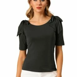 Allegra K Women's Boat Neck Elbow Sleeve Shirt Blouse Summer Top