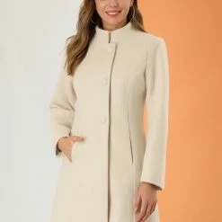 Allegra K Women's Winter Overcoat Stand Collar Single Breasted Mid-thigh Long Coat