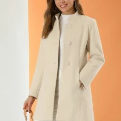 Allegra K Women's Winter Overcoat Stand Collar Single Breasted Mid-thigh Long Coat