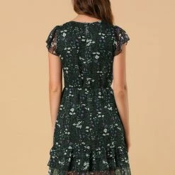 Allegra K Women's Floral Print Chiffon Dress Above Knee A-Line Layered Ruffle Dress