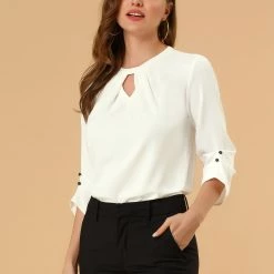 Allegra K Women's Round Neck Keyhole Pleated Shirred 3/4 Sleeve Work Top 45 Allegra K Women's Round Neck Keyhole Pleated Shirred 3/4 Sleeve Work Top