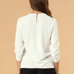 Allegra K Women's Round Neck Keyhole Pleated Shirred 3/4 Sleeve Work Top 48 Allegra K Women's Round Neck Keyhole Pleated Shirred 3/4 Sleeve Work Top