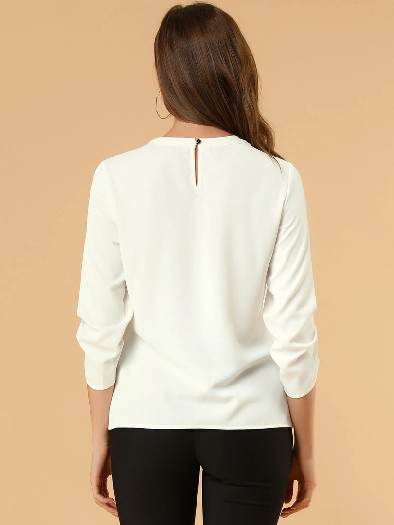 Allegra K Women's Round Neck Keyhole Pleated Shirred 3/4 Sleeve Work Top 25 Allegra K Women's Round Neck Keyhole Pleated Shirred 3/4 Sleeve Work Top