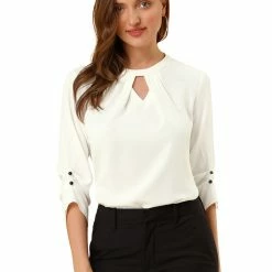 Allegra K Women's Round Neck Keyhole Pleated Shirred 3/4 Sleeve Work Top 44 Allegra K Women's Round Neck Keyhole Pleated Shirred 3/4 Sleeve Work Top