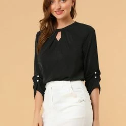 Allegra K Women's Round Neck Keyhole Pleated Shirred 3/4 Sleeve Work Top 39 Allegra K Women's Round Neck Keyhole Pleated Shirred 3/4 Sleeve Work Top