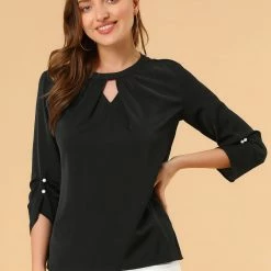 Allegra K Women's Round Neck Keyhole Pleated Shirred 3/4 Sleeve Work Top 40 Allegra K Women's Round Neck Keyhole Pleated Shirred 3/4 Sleeve Work Top