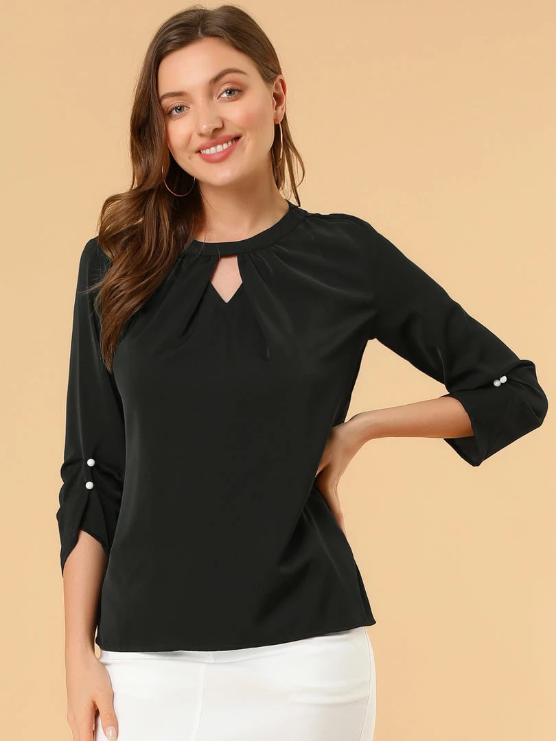 Allegra K Women's Round Neck Keyhole Pleated Shirred 3/4 Sleeve Work Top 17 Allegra K Women's Round Neck Keyhole Pleated Shirred 3/4 Sleeve Work Top