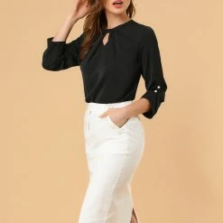 Allegra K Women's Round Neck Keyhole Pleated Shirred 3/4 Sleeve Work Top 41 Allegra K Women's Round Neck Keyhole Pleated Shirred 3/4 Sleeve Work Top