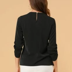 Allegra K Women's Round Neck Keyhole Pleated Shirred 3/4 Sleeve Work Top 42 Allegra K Women's Round Neck Keyhole Pleated Shirred 3/4 Sleeve Work Top
