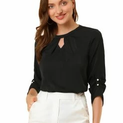 Allegra K Women's Round Neck Keyhole Pleated Shirred 3/4 Sleeve Work Top 38 Allegra K Women's Round Neck Keyhole Pleated Shirred 3/4 Sleeve Work Top