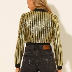 Allegra K Women's Glitter Sparkle Long Sleeve Front Zip Party Shiny Crop Bomber Sequin Jackets