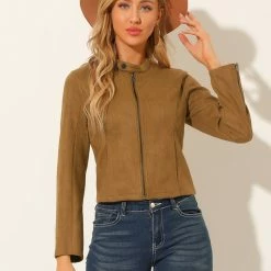 Allegra K Women's Faux Suede Jacket Stand Collar Zip Up Long Sleeve Moto Biker Coat