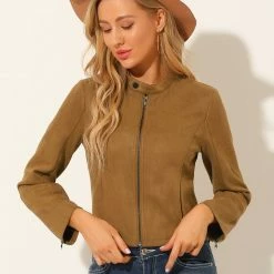 Allegra K Women's Faux Suede Jacket Stand Collar Zip Up Long Sleeve Moto Biker Coat
