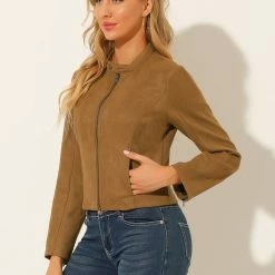 Allegra K Women's Faux Suede Jacket Stand Collar Zip Up Long Sleeve Moto Biker Coat