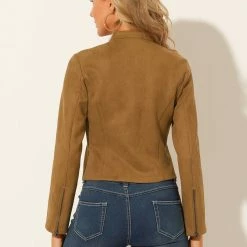 Allegra K Women's Faux Suede Jacket Stand Collar Zip Up Long Sleeve Moto Biker Coat