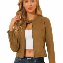Allegra K Women's Faux Suede Jacket Stand Collar Zip Up Long Sleeve Moto Biker Coat