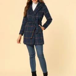 Allegra K Women's Plaid Belted Shawl Collar Wrap Winter Coat