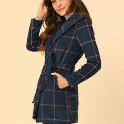 Allegra K Women's Plaid Belted Shawl Collar Wrap Winter Coat