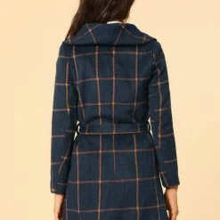 Allegra K Women's Plaid Belted Shawl Collar Wrap Winter Coat