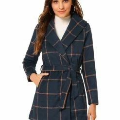 Allegra K Women's Plaid Belted Shawl Collar Wrap Winter Coat