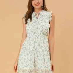 Allegra K Women's Ditsy Floral Ruffle Neck Bow Tie High Waisted A Line Sleeveless Dress