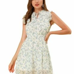 Allegra K Women's Ditsy Floral Ruffle Neck Bow Tie High Waisted A Line Sleeveless Dress