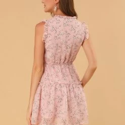 Allegra K Women's Ditsy Floral Ruffle Neck Bow Tie High Waisted A Line Sleeveless Dress