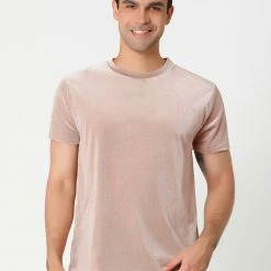 Allegra K Men's Summer Casual Crew Neck Solid Color Short Sleeves Velvet T-shirt