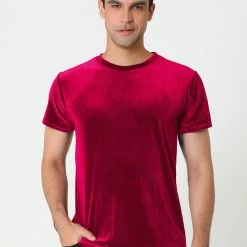 Allegra K Men's Summer Casual Crew Neck Solid Color Short Sleeves Velvet T-shirt