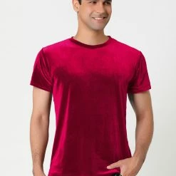 Allegra K Men's Summer Casual Crew Neck Solid Color Short Sleeves Velvet T-shirt