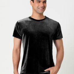 Allegra K Men's Summer Casual Crew Neck Solid Color Short Sleeves Velvet T-shirt